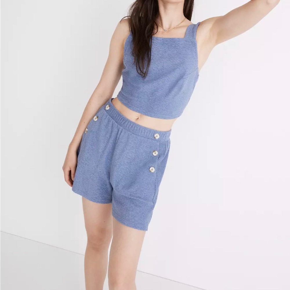 NWT perfect Madewell Loop-Terry TieBack Crop Tank&pullon shorts periwinkle NEW